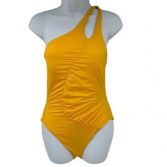 SOLUNA RUCHED Sheer Delight ONE SHOULDER One-Piece SWIMSUIT yellow gold size M - Picture 4 of 12